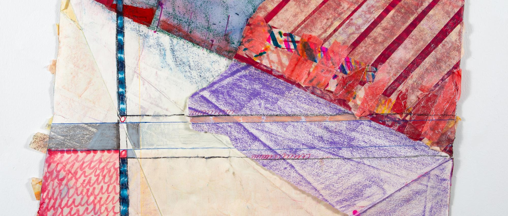 Irregular shape of folded paper has geometric blocking of reds, blues, and purples. Lines build pattern and intersect in a grid-like form in the bottom left.
